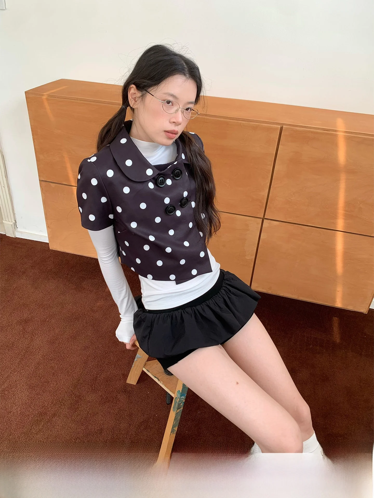 

SOOMIE Miu Кукольный воротник в горошек с двойной пуговицей ort Sve Женский корейский топ для похудения, универсальный ор-топ