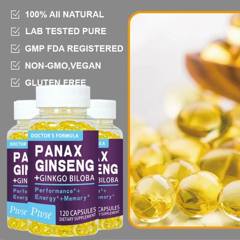 Ptvse Korean Red Panax Ginseng + Ginkgo Biloba Capsules Increases Energy, Mood, Stamina & Performance Supports Mental Health