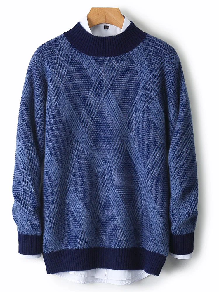 

Men Mid-high Collar Jacquard Shirt Autumn Winter Thick Warm Business Pullover Knitted Tops Casual 100% Merino Wool Sweater