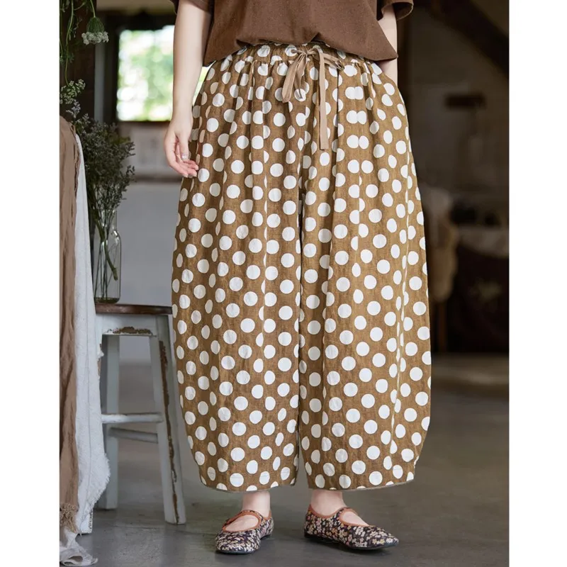 Johnature Retro Polka Dot Linen Lightweight Breathable Loose Casual Pants New Autumn Elastic Waist Versatile Cropped Pants