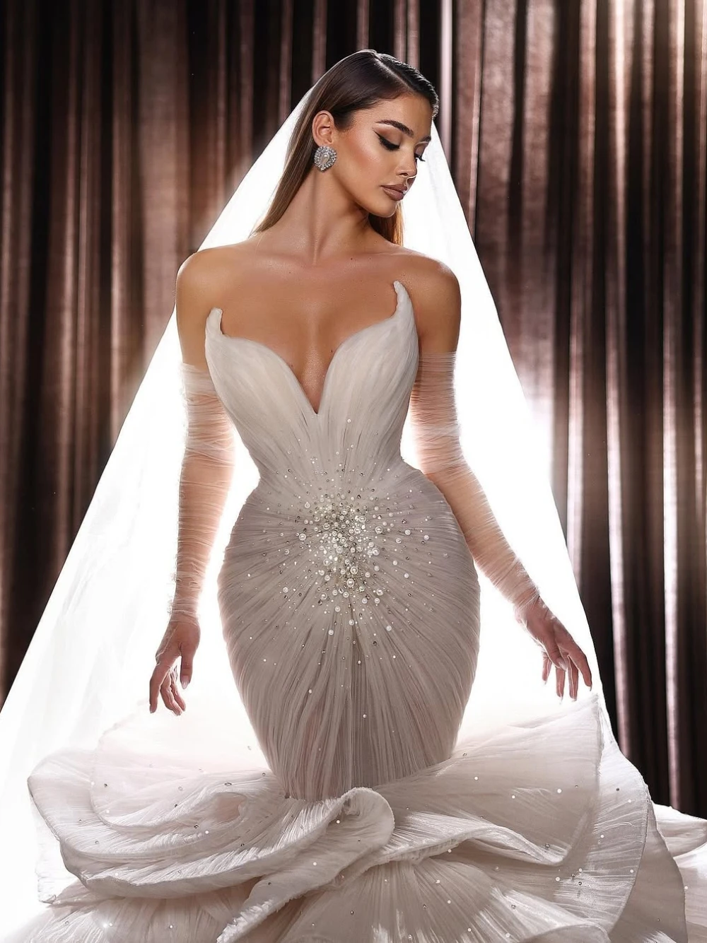 GRACEPROM Newest Dramatic Mermaid Wedding Dress Unique Ruched Tulle V Neckline Romantic Delicate Beaded Bridal Gown Customized
