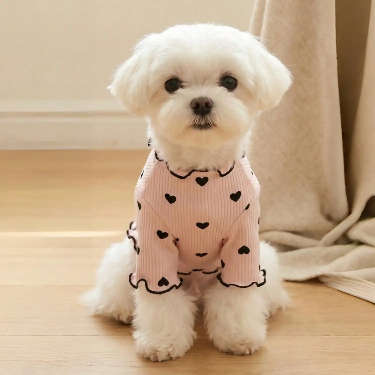 Geripptes Haustier-T-Shirt mit Herz- und Schleifendruck und Rüschenbesatz für kleine Hunde und Katzen – Detail 38
