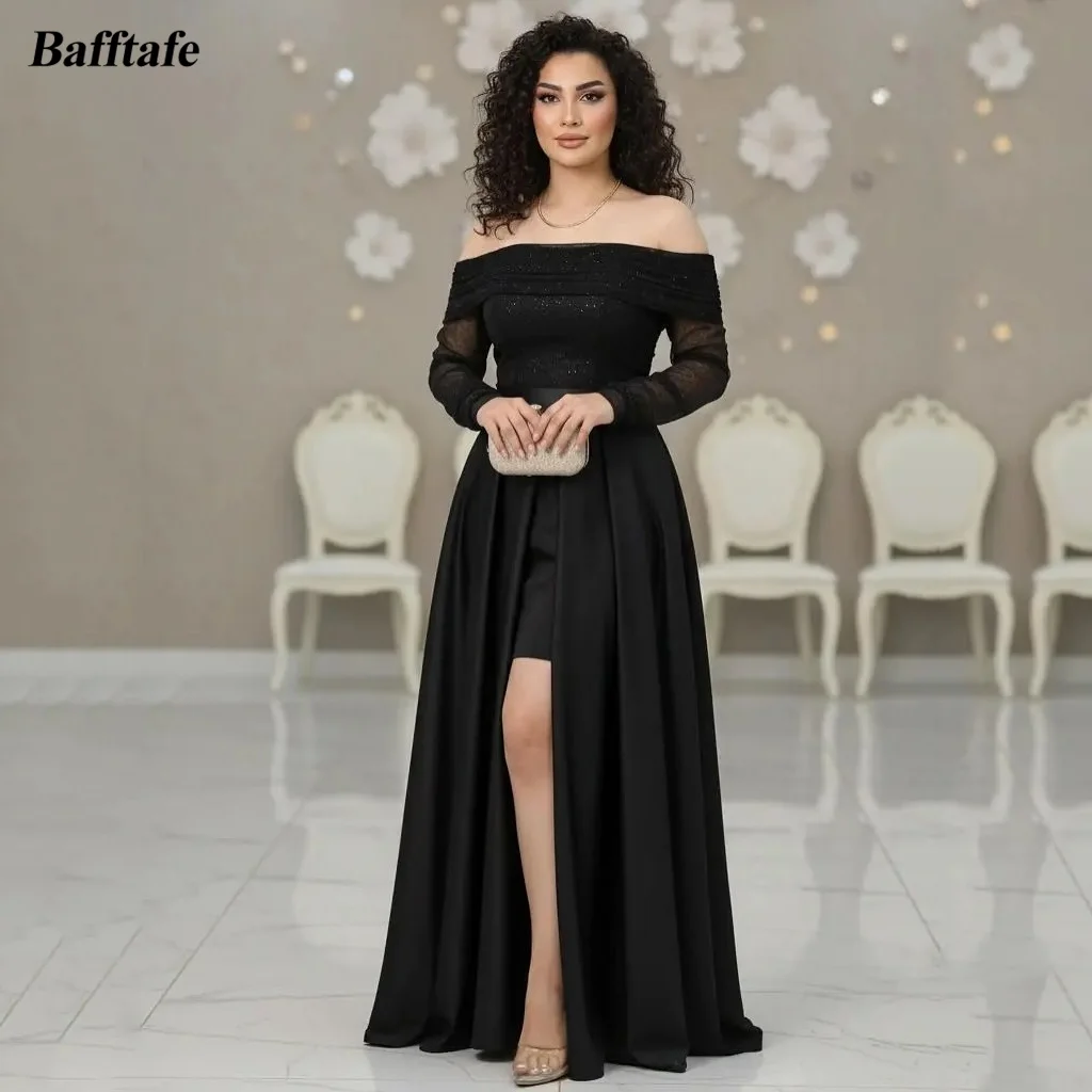 

Bafftafe Customized Black Satin Evening Dresses Long Sleeves Women' Occasion Prom Dress Formal Party Wedding Engagement Gowns