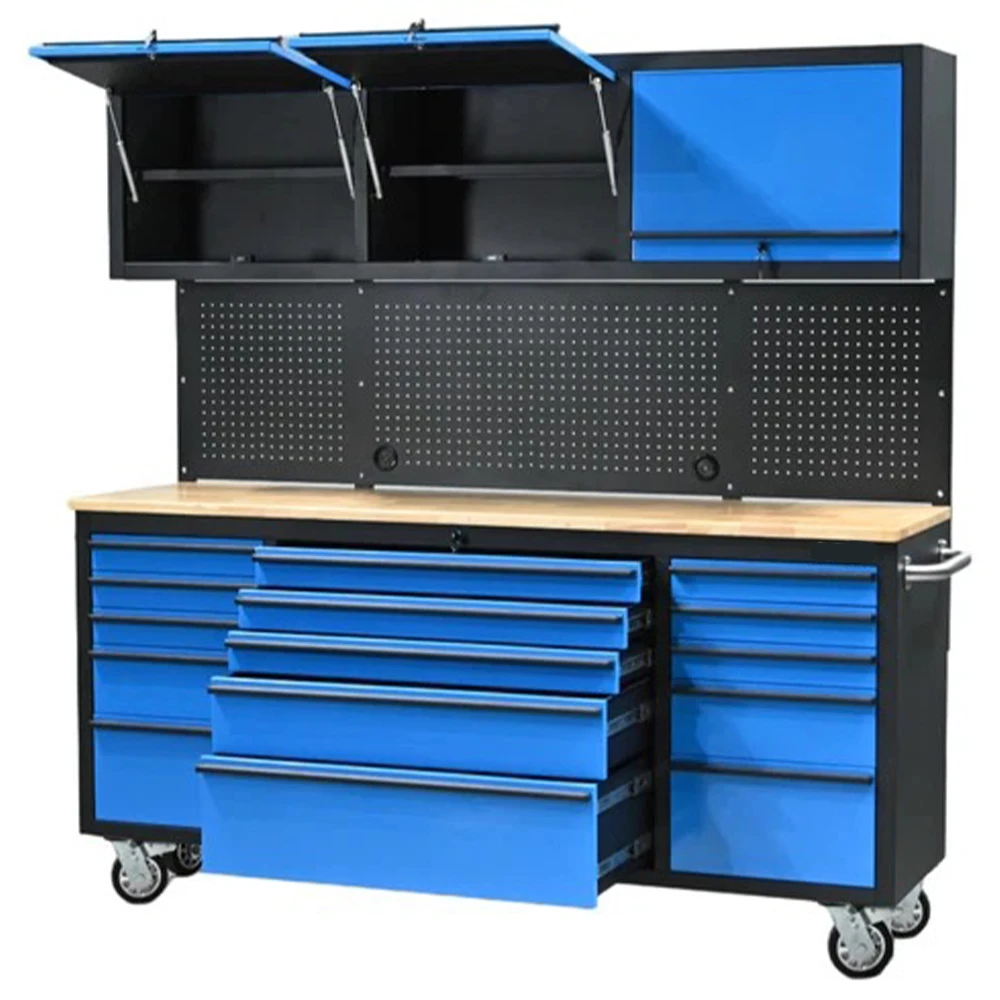 Blue Heavy Duty Mobile Workbench With 15 Drawers And 3 Doors Hanging Feature For Tool Storage Cabinets