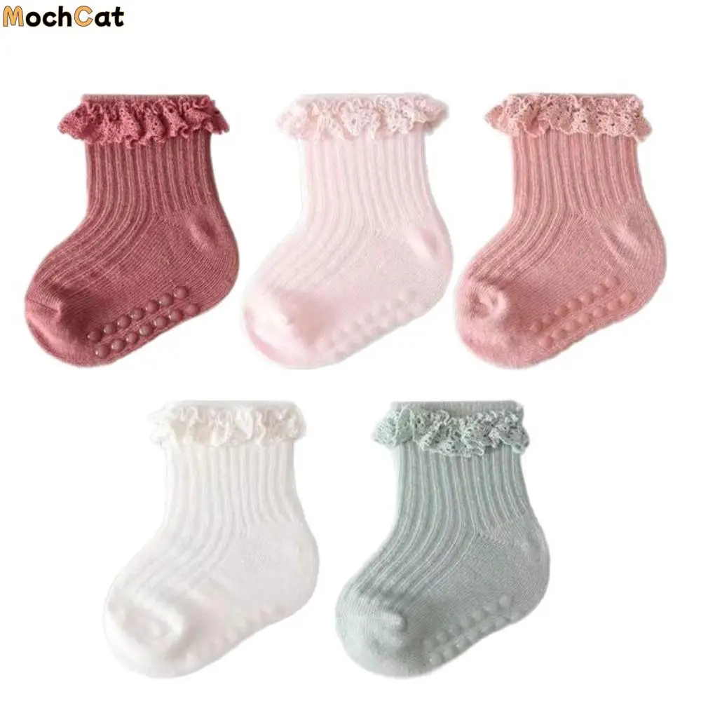 5 pares bonito algodão bebê plissado meias antiderrapante recém-nascidos crianças tubo meia rendas infantil toddle andando meias primeiros caminhantes