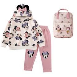 Disney Full Printhed Minnie Mouse Hoodie 2PCS Set for Kids Girl Autumn Long Hooded Pullover Set Children Casual Clothing Outfits