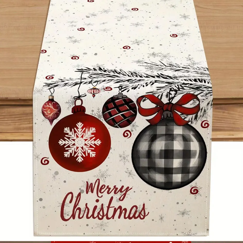Linen Table Runner Vintage Christmas Tree with Holly Berries on Off White  Farmhouse Table Decor