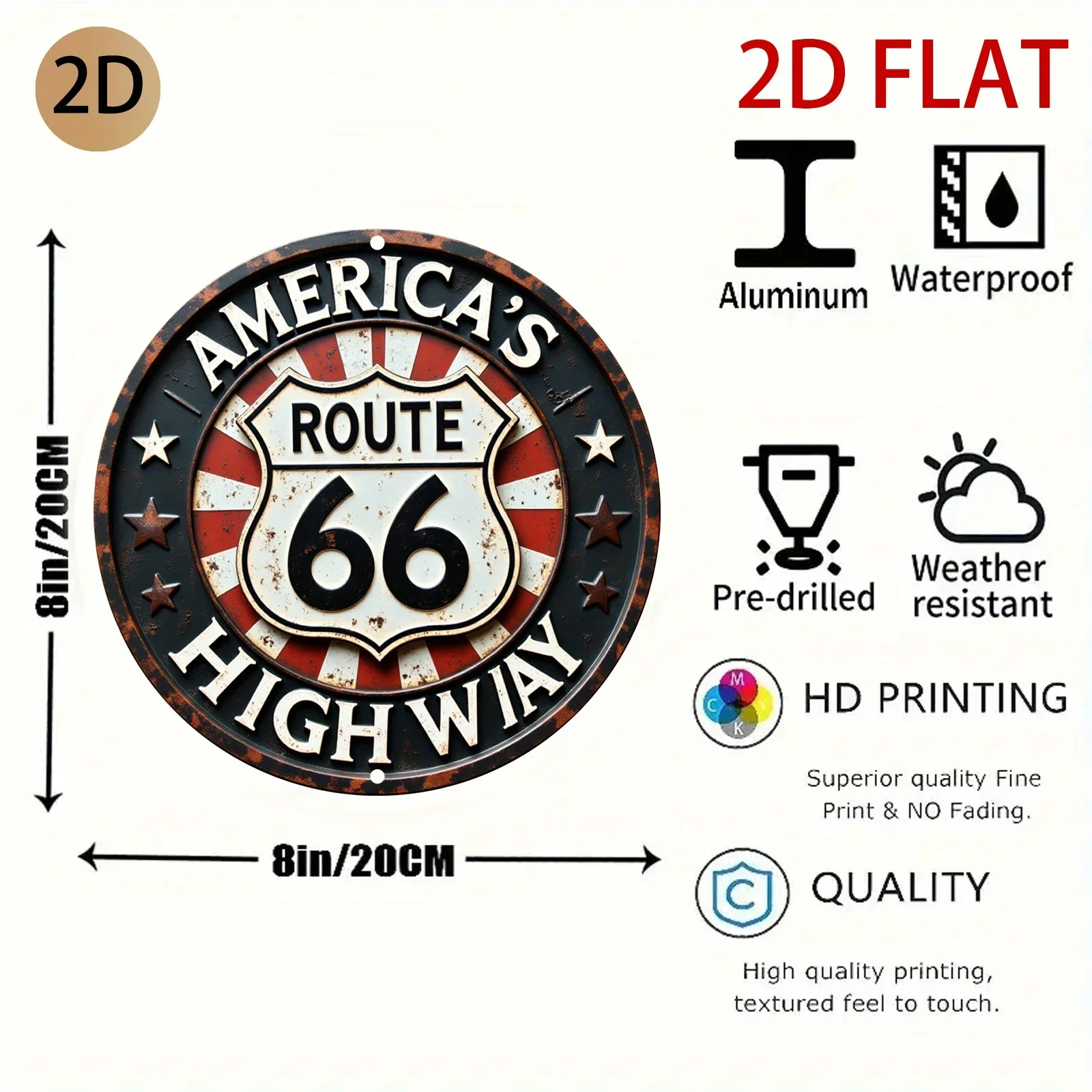[2D Flat] Vintage Route 66 Metal Sign - Retro 3D Effect Circular Tin Design Wall Art for Home, Garage, or Diner