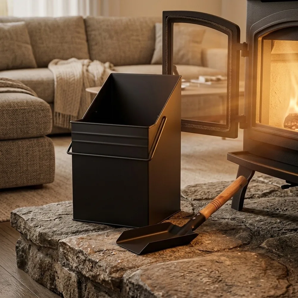 Sturdy Black Iron Fireplace Kit with Spacious Ash Bucket and Angled Square Shovel Designed for Wood Burning Fireplaces