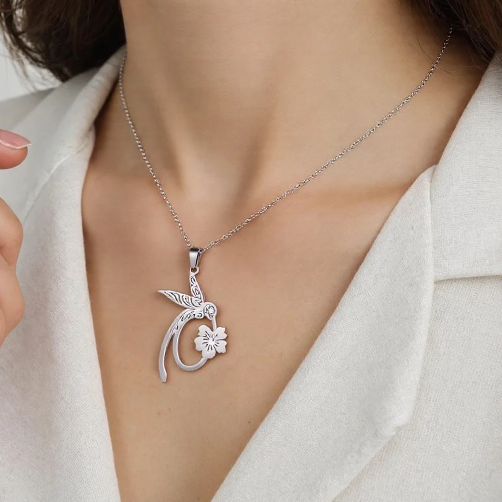 My Shape Hummingbird Flower Pendant Necklaces for Women Girls Bird Floral Stainless Steel Chain Choker Fashion Jewelry Gifts