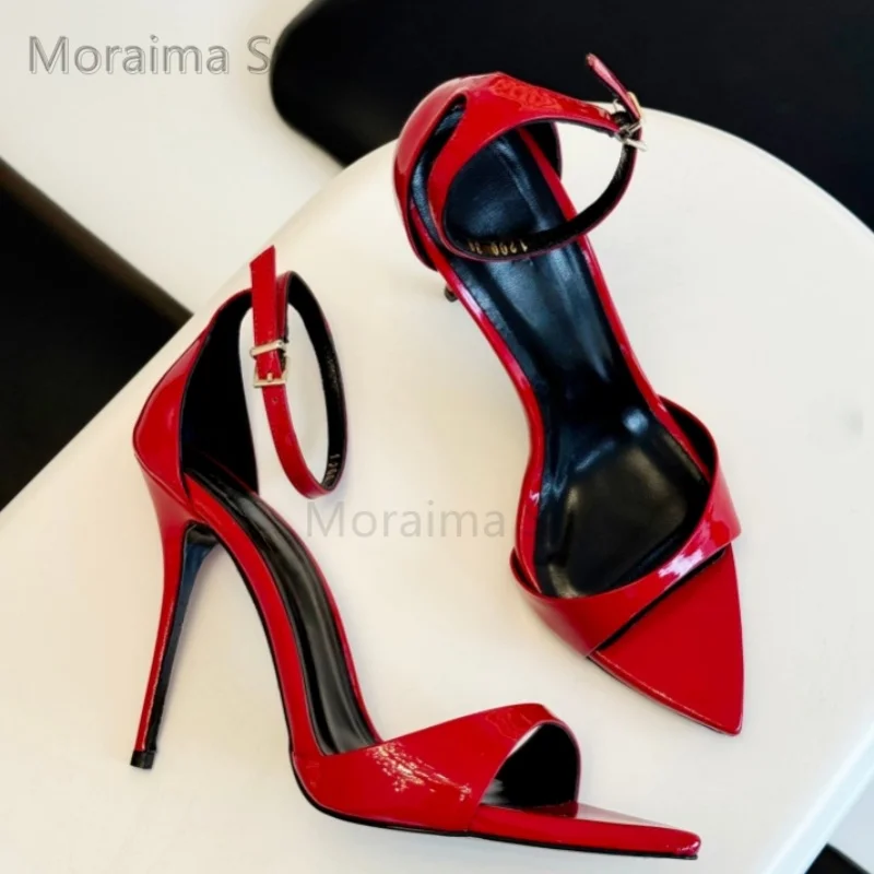 

Sexy Pointed Toe Patent Leather Sandals Women's Red Burgundy Ankle Strap Super High Heels Big Size Cover Heel Summer Shoes