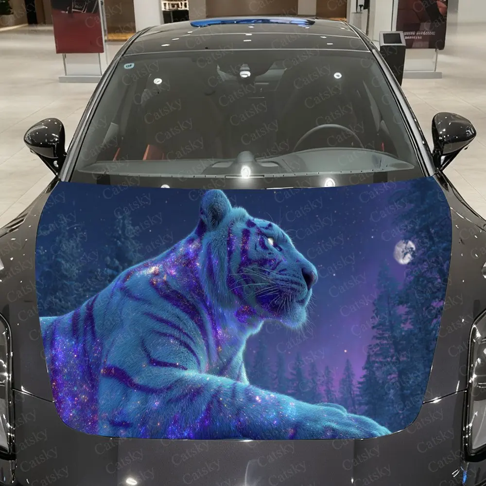 

Виниловая пленка для автомобиля с изображением тигра в темно-синем цвете с фиолетовыми звездами, водонепроницаемая наклейка на капот из ПВХ, самоклеящаяся, устойчивая к царапинам наклейка