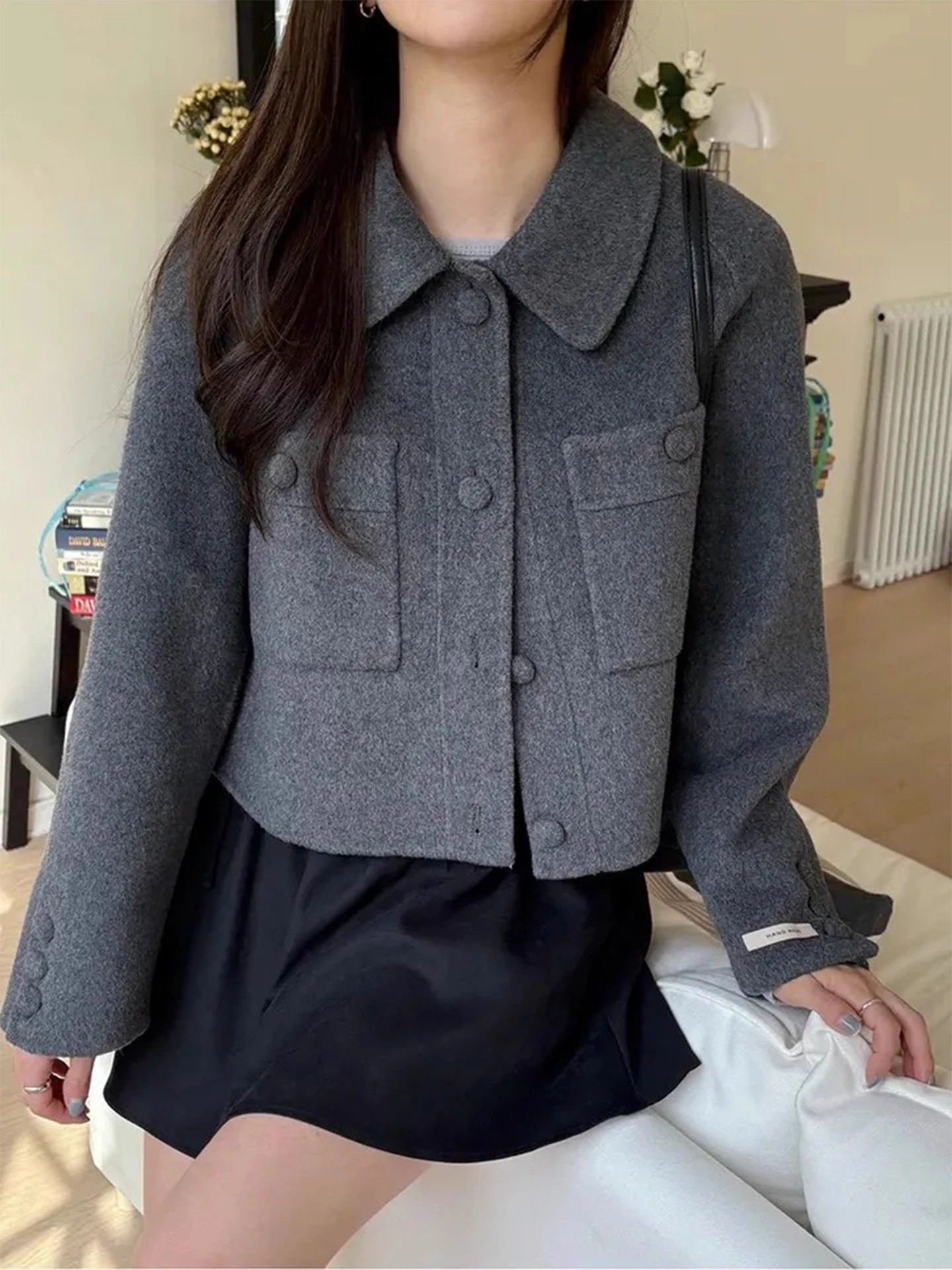 

Ele Cotton Lined Woolen ort Coat Women's Loose Fit Color Outerwear Double ket Notch Collar Winter New Sle