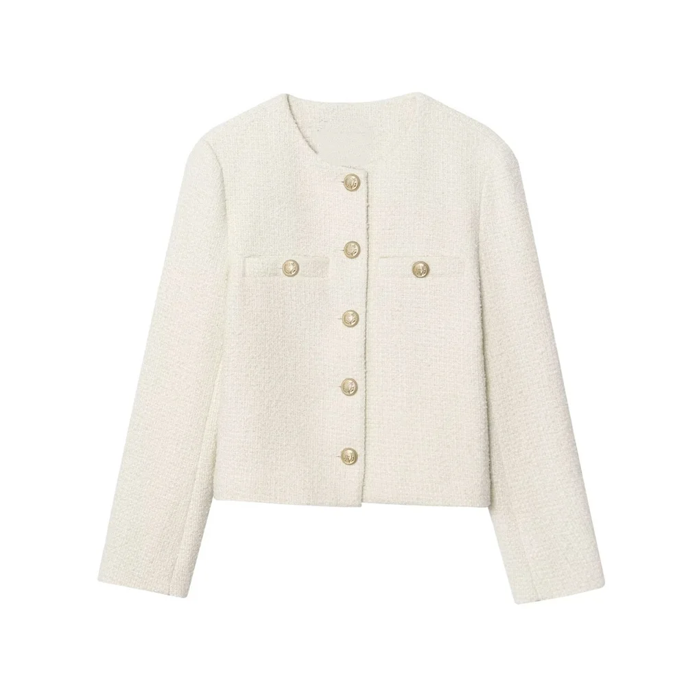 

Long sleeved metal buckle coarse tweed jacket new women's clothing style slim fit French fragrance