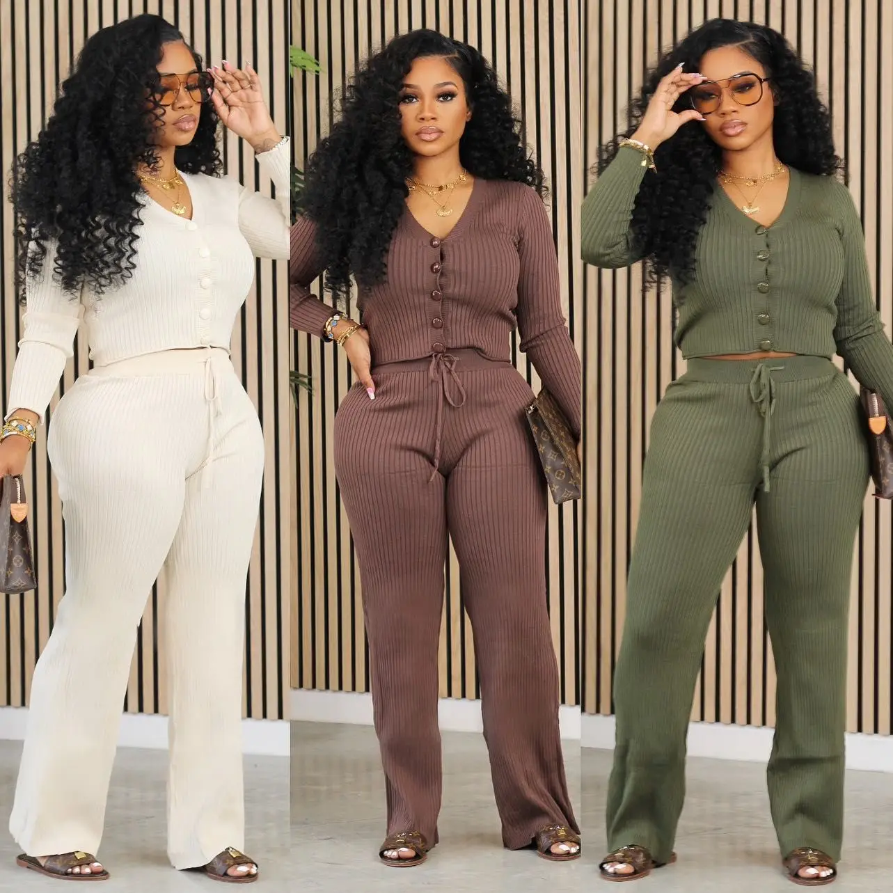 

Knit Ribbed Women's Set Long Sleeve Button Sweater and Straight Wide Leg Pants 2023 Two 2 Piece Sets Outfit Tracksuit