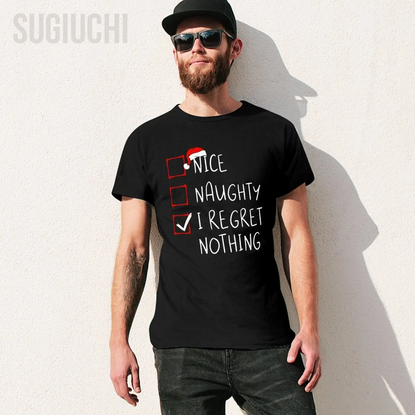 Unisex Men Nice Naughty I Regret Nothing Christmas List Santa Claus Tshirt Tees T Shirts Women Boys 100% Cotton T-Shirt