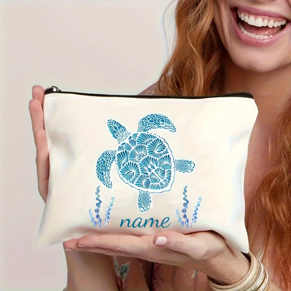 Customizable Turtle Pattern Large Capacity Zippered Makeup Bag - Travel Toiletry and Cosmetics Storage Pouch for Women Summer