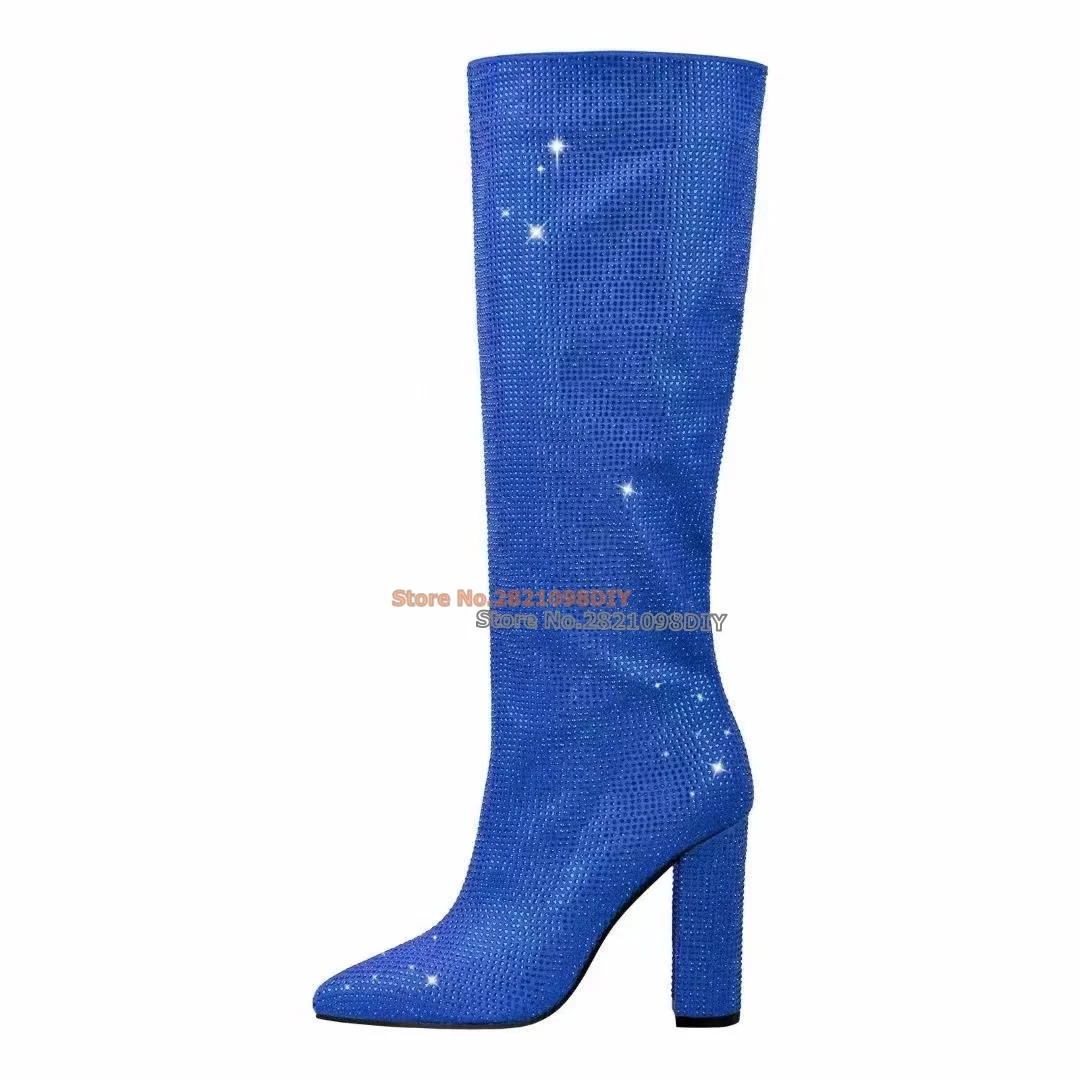 

Bling Bling Chunky Heeled Knee High Boots Women Rhinestone Pointed Toe Lining Shiny Winter Long Boot