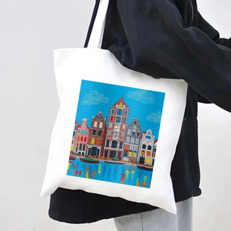 Women\'s Urban Landscape Amsterdam Shopping Bag Canal Home Dutch Canvas Shoulder Bag Tote Eco Shopper Reusable Handbag