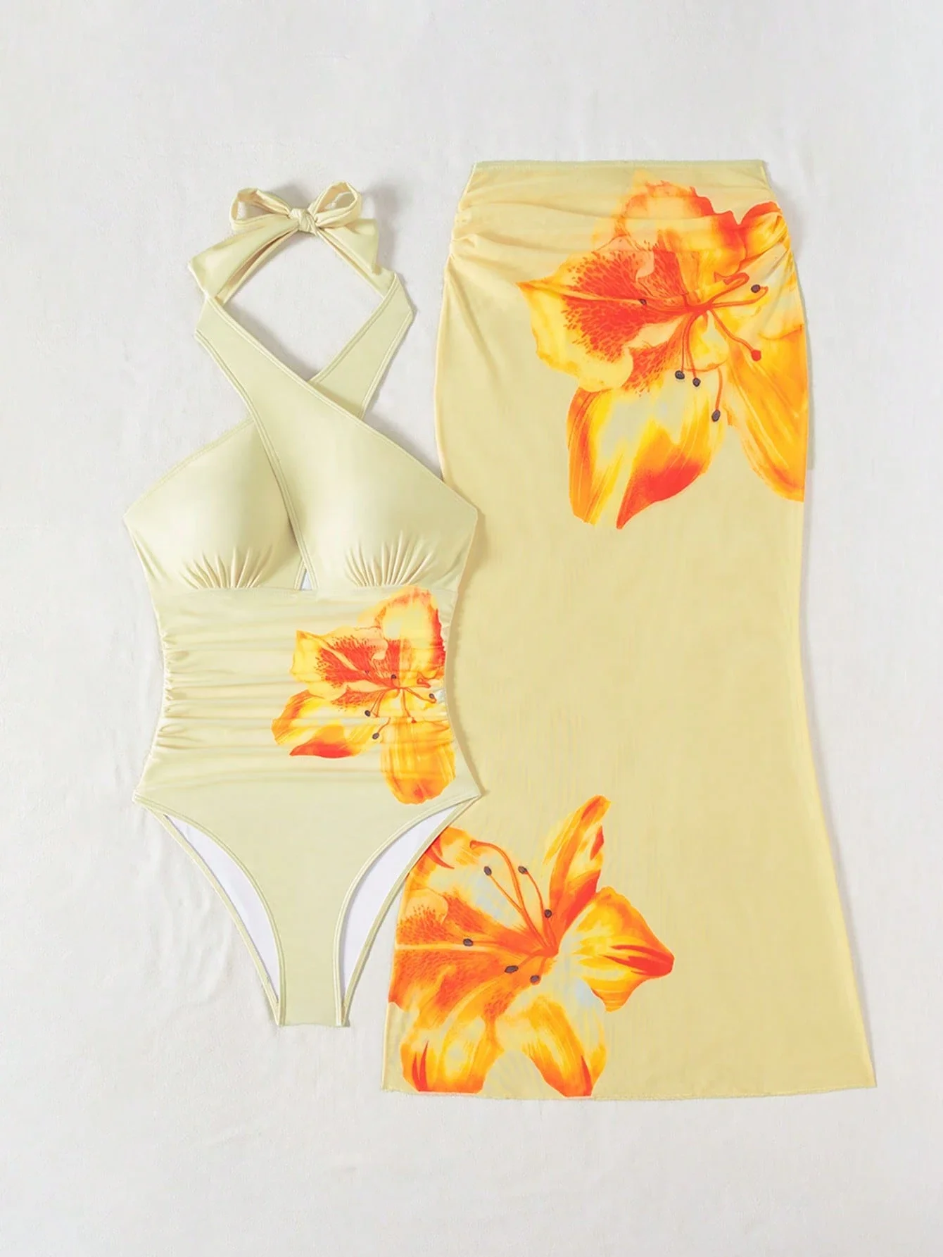 

Floral Print Halter Neck Tankini Top And Maxi Skirt Swimsuit Set For Women