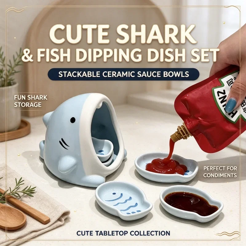 Cute Cartoon Shark Ceramic Dipping Sauce Dish Set, Stackable Mini Fish Condiment Plates With Shark Storage Holder For Hot Pot