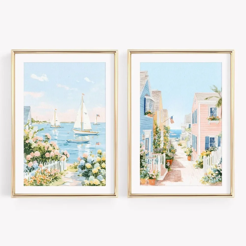 2pcs frameless Canvas Painting 2pcs Frameless, Coastal Printing, Floral Nautical Wall Art, Soft Watercolor Coastal Painting, Gir