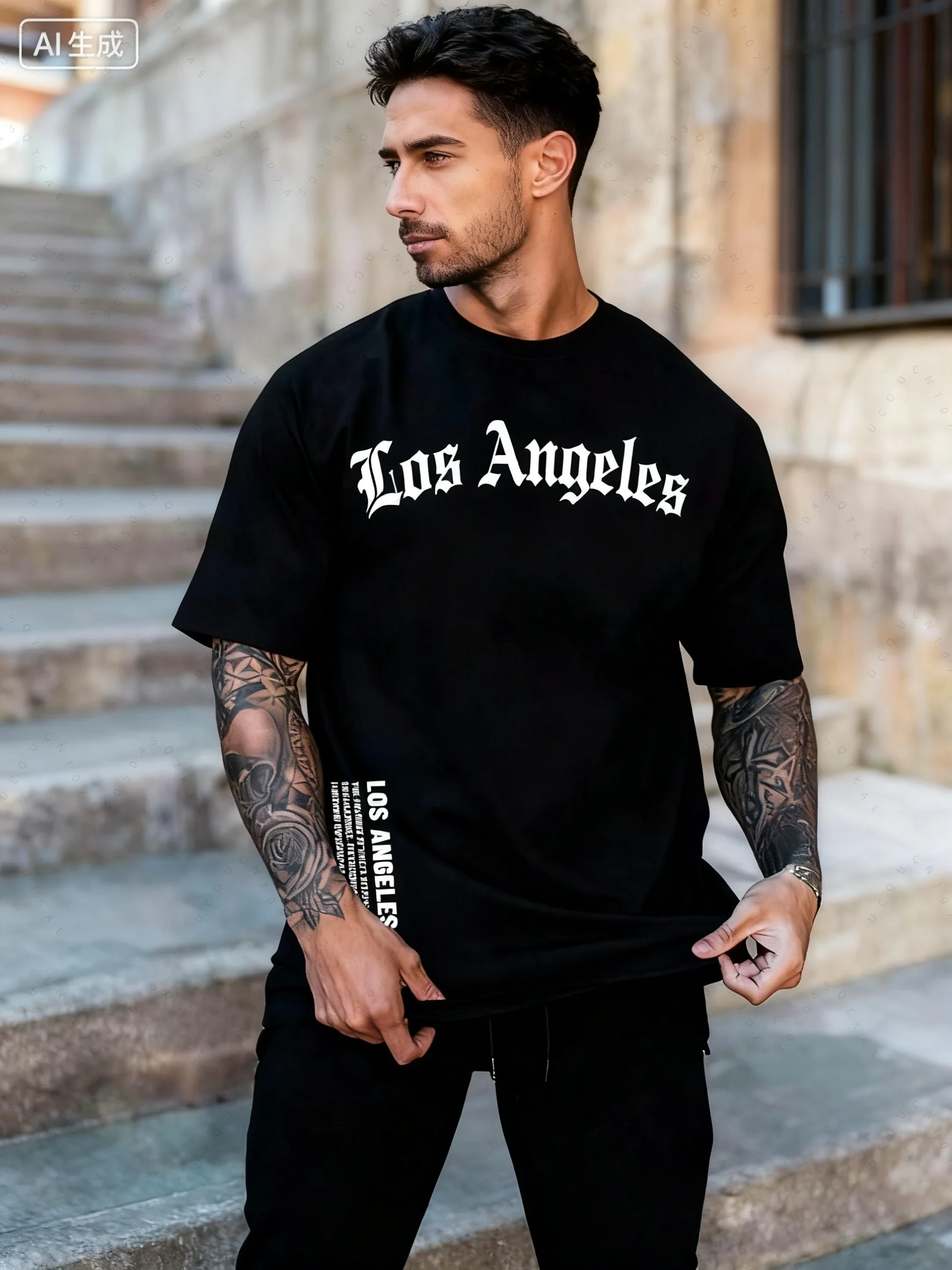 

Мужская осенне-зимняя хлопковая модная свободная футболка с буквенным принтом Лос-Анджелеса, большая повседневная удобная футболка с круглым вырезом и коротким рукавом, топ