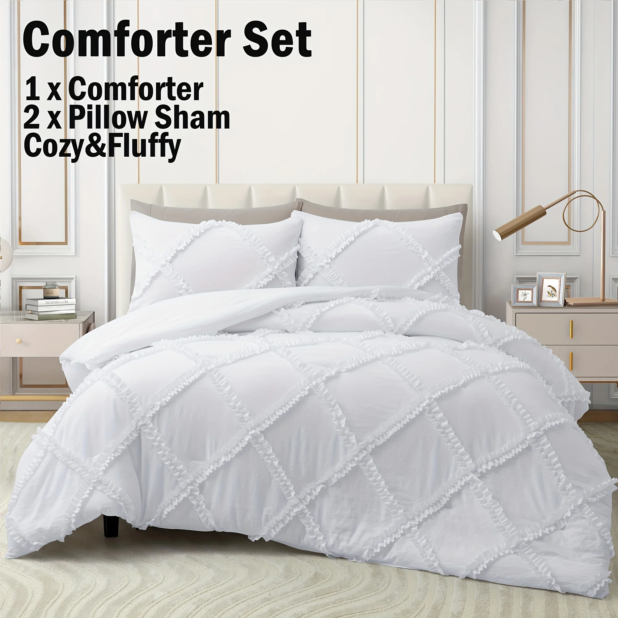 

3pcs Chic White Ruffle Comforter Set - 100% Soft Lightweight Bedding, Includes Fluffy Comforter + 2 Pillowcases for Bedroom & Gu