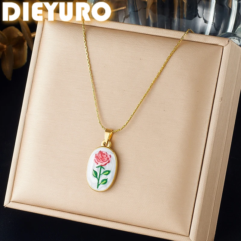 DIEYURO 316L Stainless Steel Red Rose Enamel Inlay Oval Pendant Necklace For Women Valentine Non-fading Neck Chain Jewelry Gift