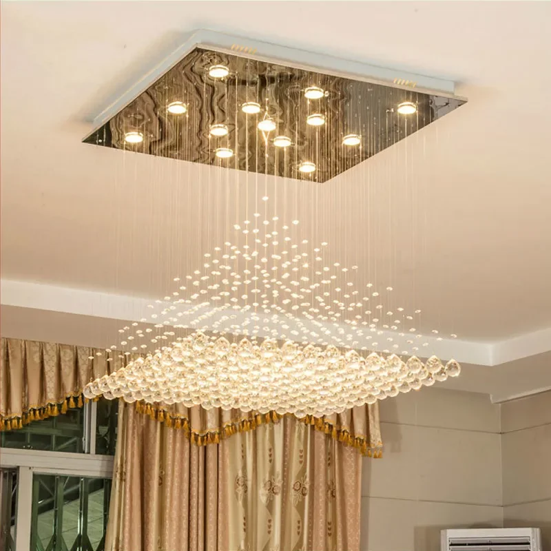 

Modern Wave K9 Crystal Hanging Wire Ball Square Pendant Lamp Lighting Fixture Rain Drop Curtain Glass Chandelier LED Light