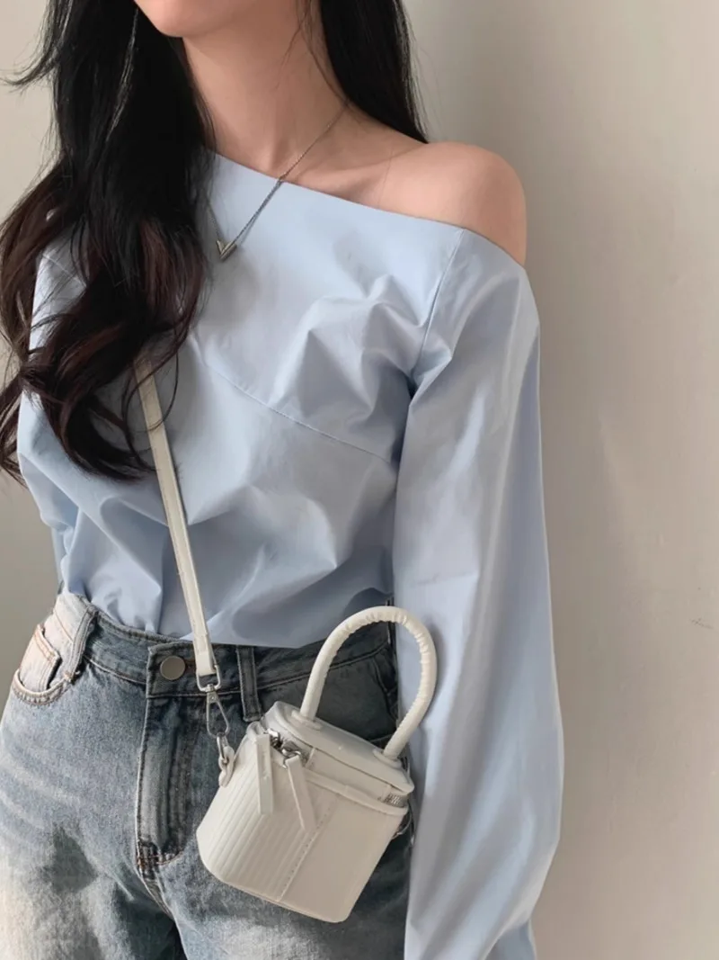 Blusas Mujer De Moda 2024 Off Shoulder Long Sleeved Top Sexy Blue White Blouse Chemise Femme Camisas Shirts for Women