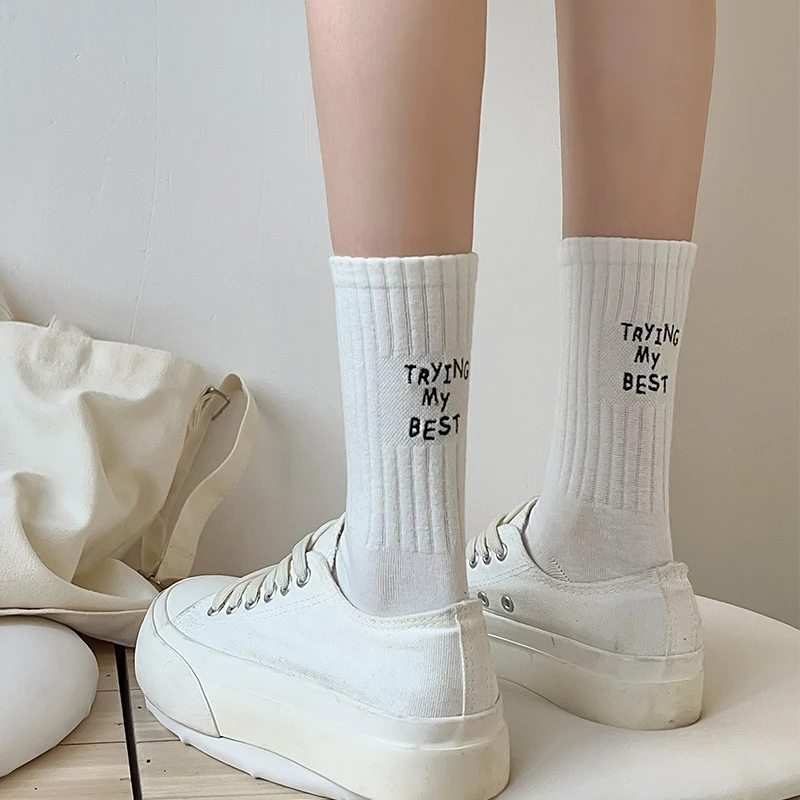 Women Crew Socks New Spring Summer Japanese Style Letter Embroidery Sports Socks Women's Breathable Girls White Cotton Socks