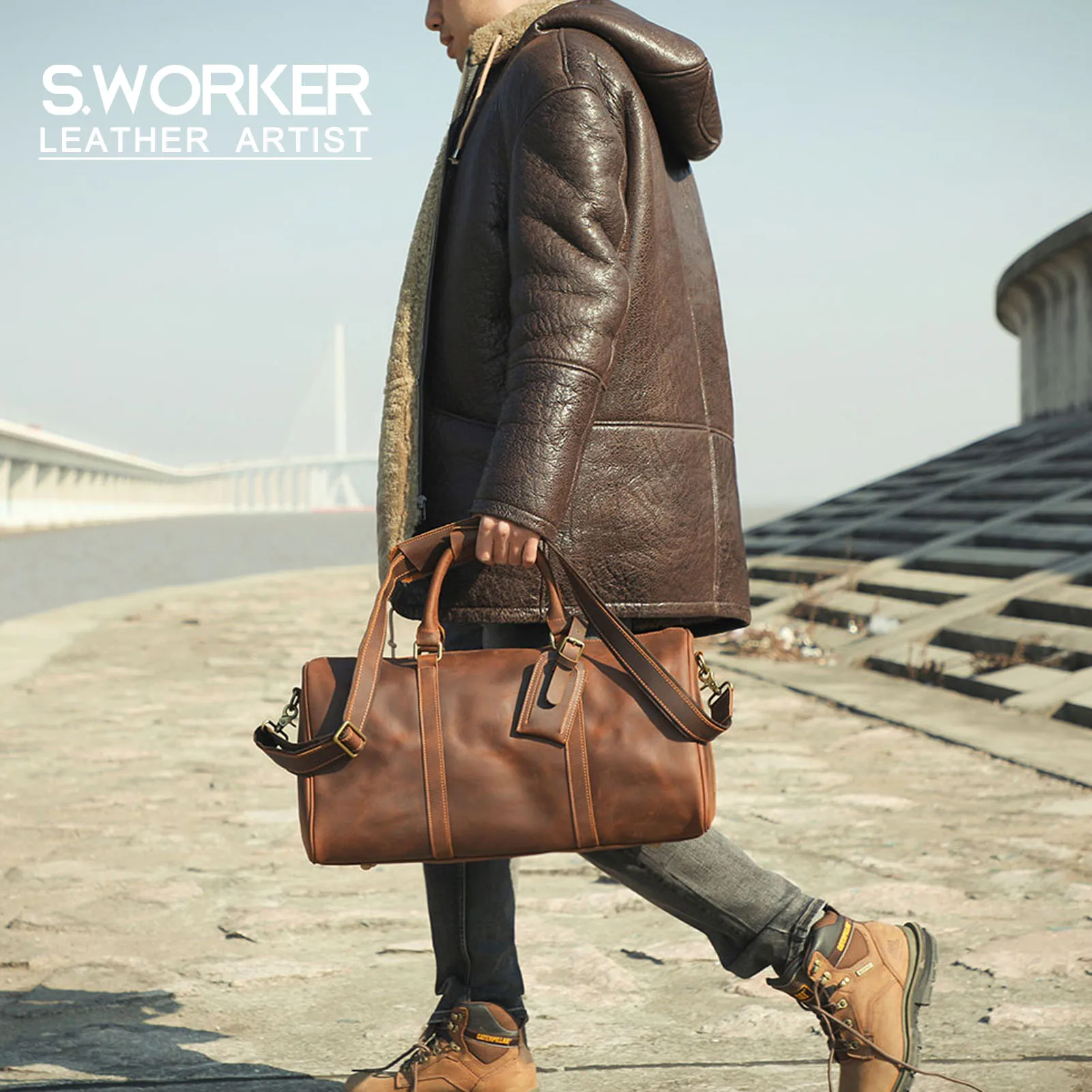S.WORKER Vollnarbenleder-Reisetasche Große Kapazität Weekender-Reisetasche Echtleder-Sporttasche für Herren – Detail 2