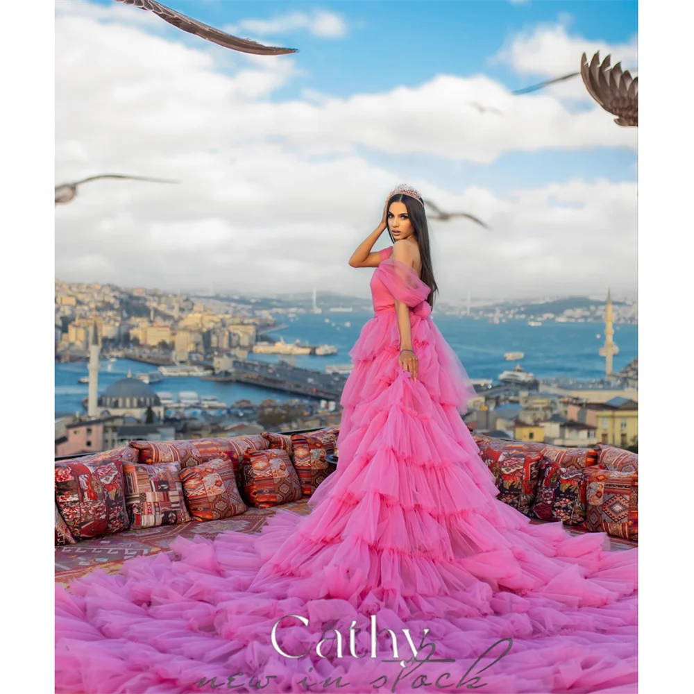 

Cathy Rose Pink Off Shoulder Long Train Prom Dress 2024 High-low Ball Gown Vestidos De Fiesta Elegant Multilayer Party Dress