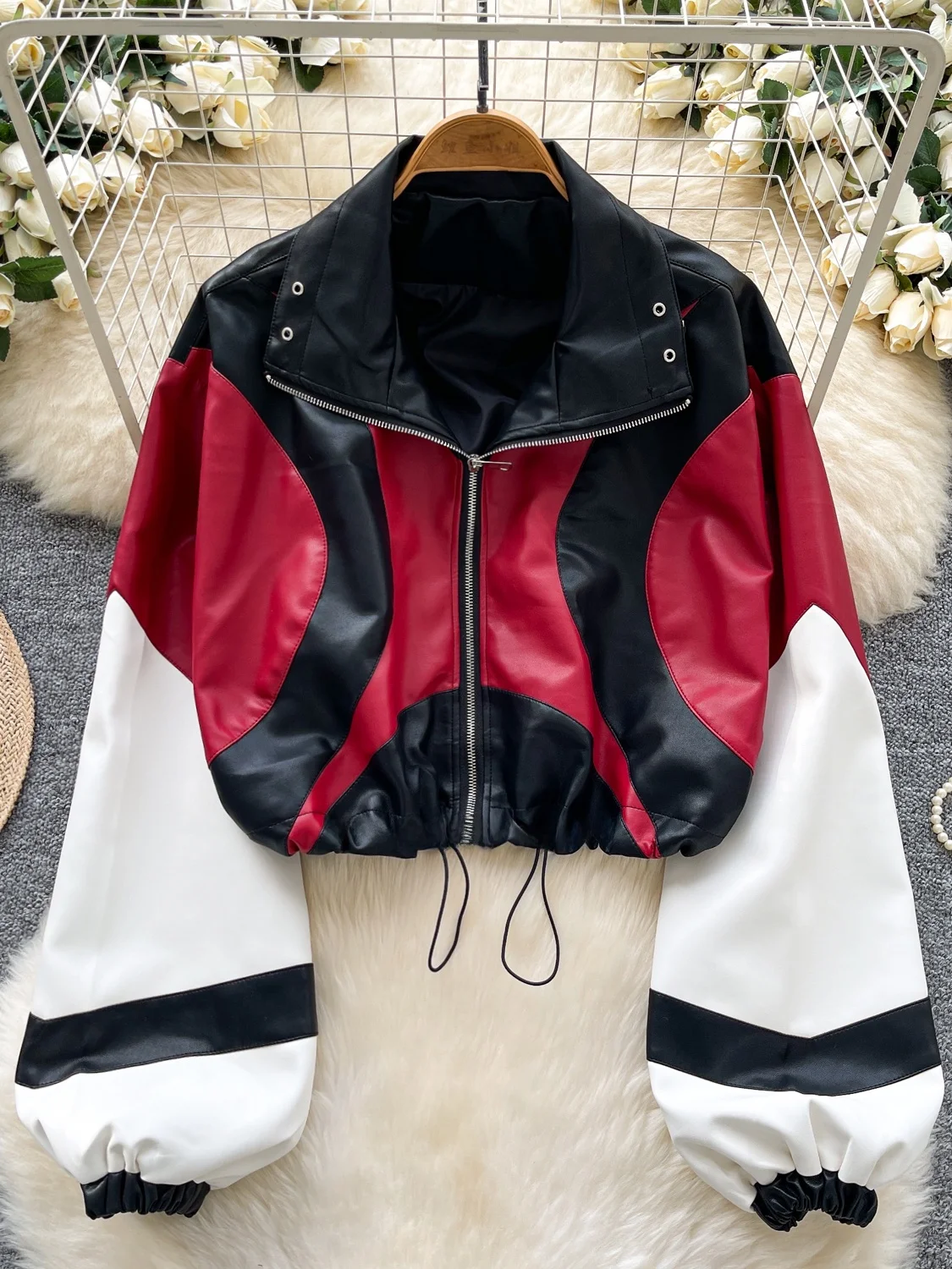 アメリカン スレ カラー ブロ カラー ジッパー ロング スベ レディース ジャケット オルト ドストリング ファッショナブル 秋 アウター コート