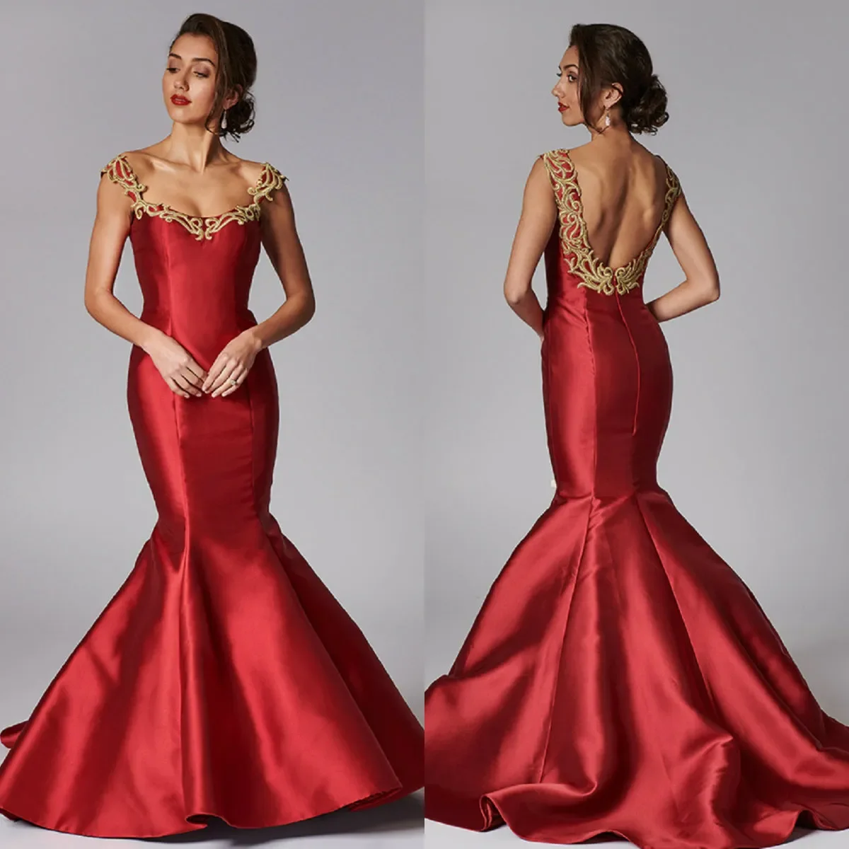 Vestido de noche de sirena sin tirantes con apliques dorados, vestido de noche Sexy, vestido de fiesta de graduación de dama de honor de boda, glúteos envueltos, espalda descubierta