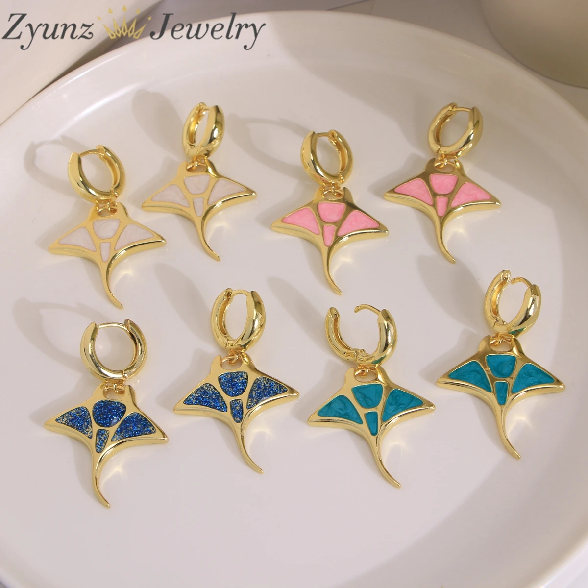 5 Pairs, Trendy Summer Sea Animal Earring, Gold Plated Manta Ray Colorful Enamel Dangle Earrings