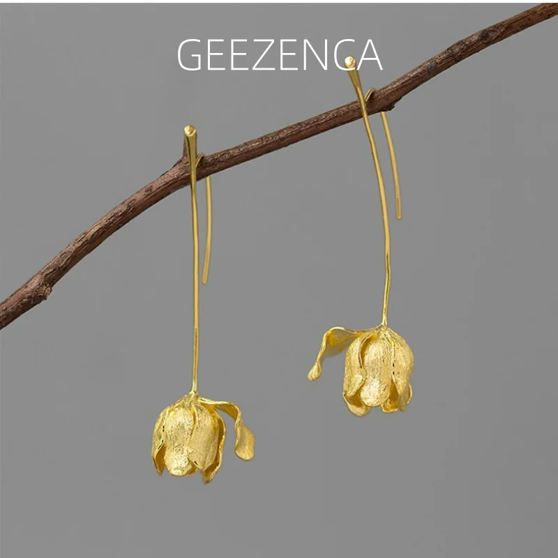 GEEZENCA 925 Sterling Silver 3D Tulips Flower Dangle Earrings For Women Aesthetic Plant Elegant Chic Earring New Party Gift