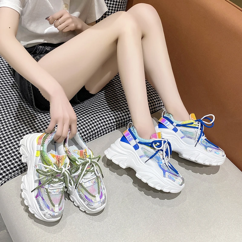 

Double Laces Muticolor Breathable Mesh White Casual Shoes Thick Bottom Platform Sneakers Outdoor Walking Running Sport Shoes