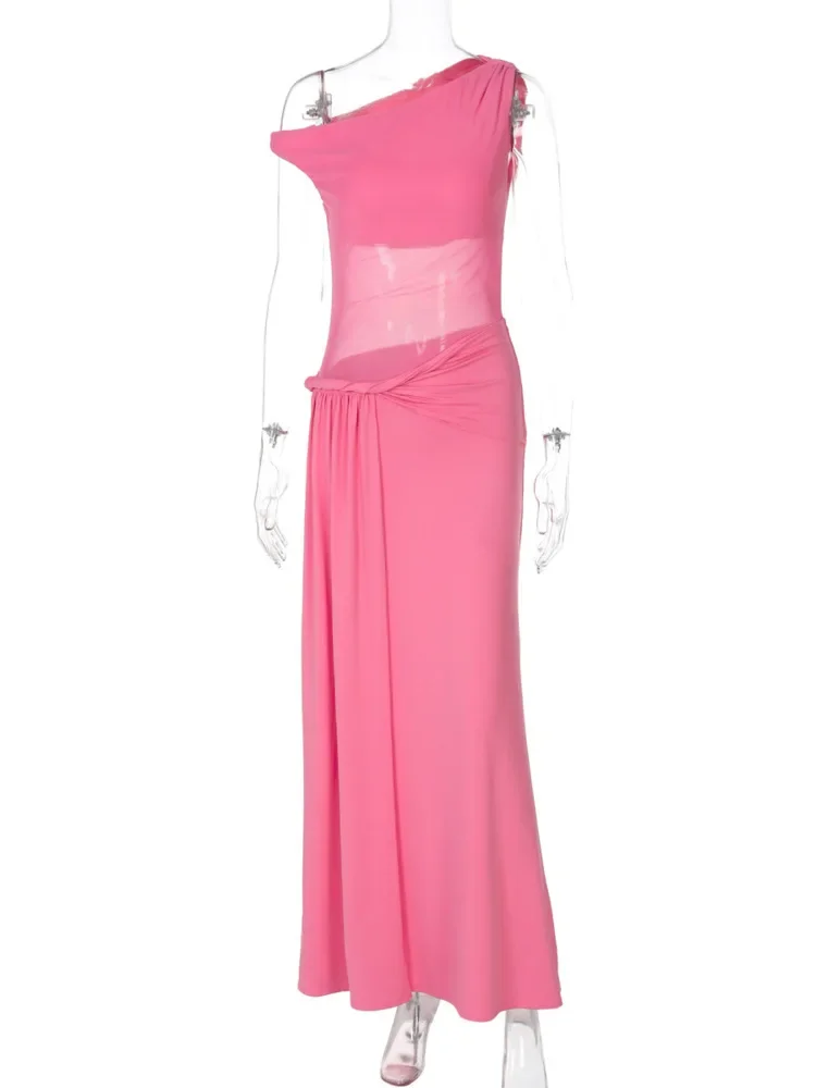 XIAOTANG 傾斜ショルダーバックレスセクシーなマキシドレス女性ガウンファッションノースリーブシースルードレープクラブロングドレスエレガント