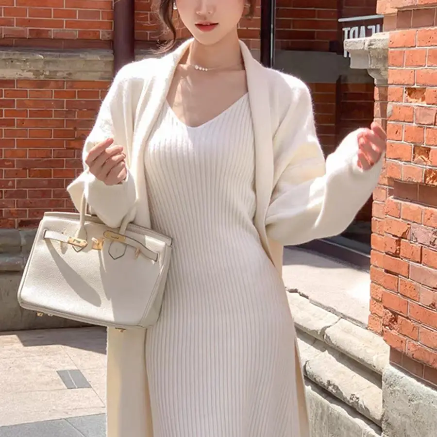 Hsa Women 2023 Winter Two Piece Knit Sets Women Shawl O Neck Long Sleeve Loose Dress Fashion Casual Warm Sweater Suit Dresses