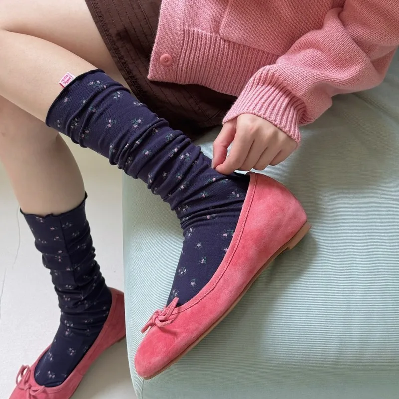 Women Floral Print Stacked Crew Socks Japanese Ballet Style Sweet Miu Style Calf Length Long Socks for Ladies