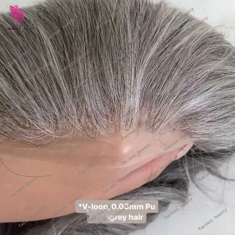 Light Weight 80%-90%Density Silver Gray Brown 1B80 Men's Human Hair Capillary Prosthesis System 0.02mm Super Thin Microskin Wigs