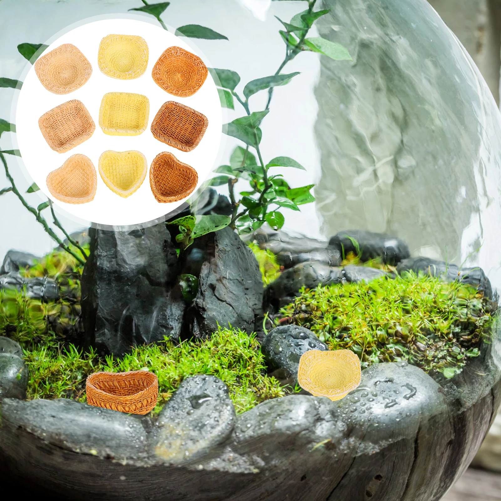

9pcs Miniature Fake Rattan Dollhouse Micro Landscape Decoration Resin Woven Storage Baskets Mini House Accessories Craft