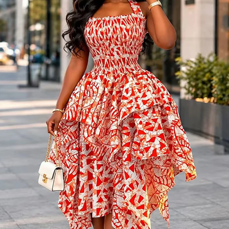 Fashion Pattern Printed Irregular Banquet Dress Elegant Sleeveless Backless Gowns Women Sexy Halter High Waist Tiered Long Dress