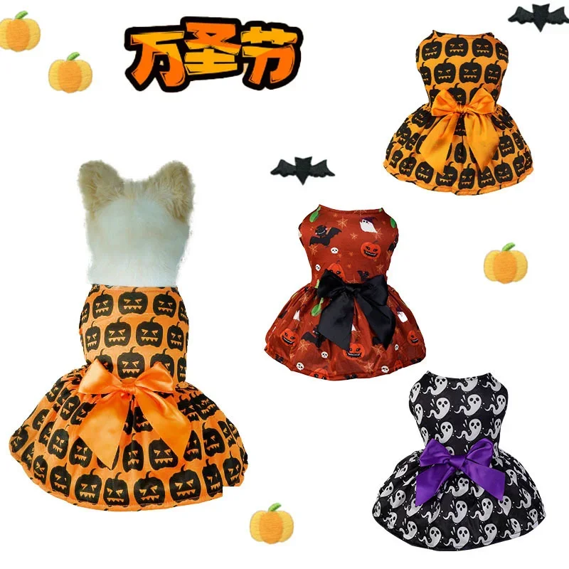 

Dress for Dogs Clothes All Saints Day Cat Dog Pet Clothing Small Pumpkin Print Bat Ghost Skirt Cute Thin Yorkshire Accessories