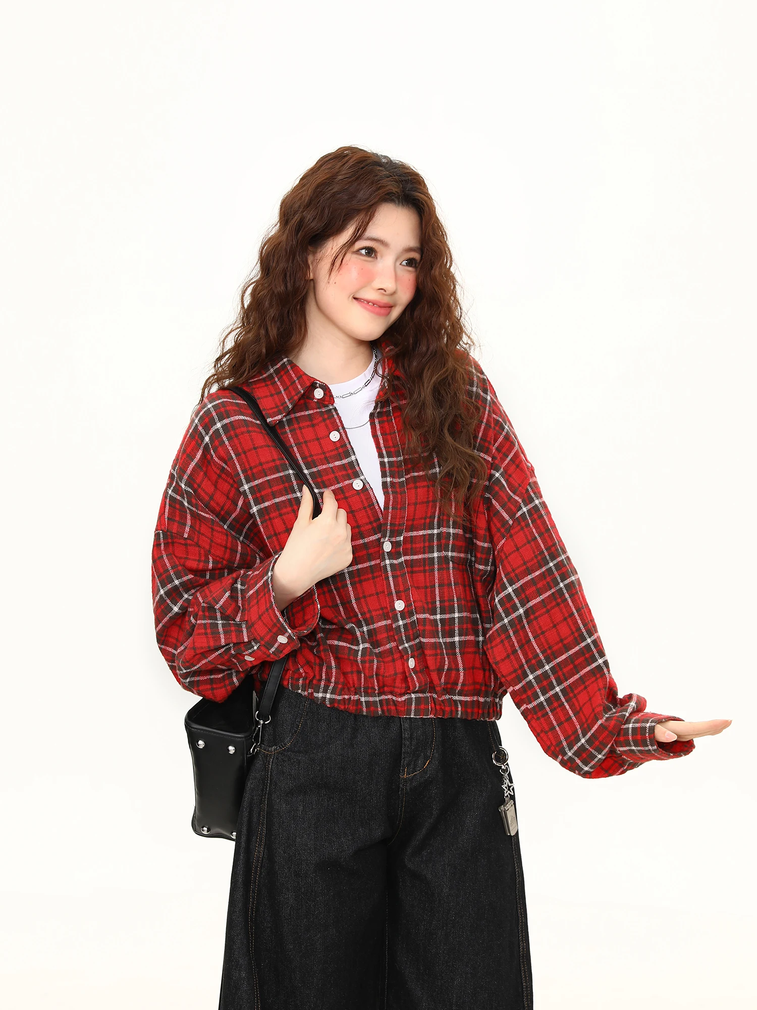 

Wild Azizi Women's Red Plaid Button-Up ort Coat Spring New Year's Sle Streetwear Hip Hop Loose Fit Long Sve irt