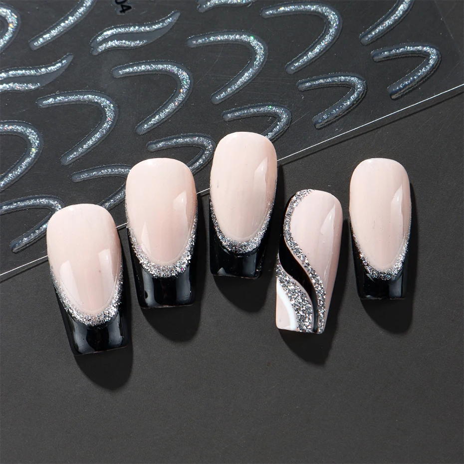2pcs Glitter French Tips Nail Stickers 3D Silver Sparkly Wave Swirl Curve Stripe Lines Sliders Self-Adhesive Nail Supplies Decor