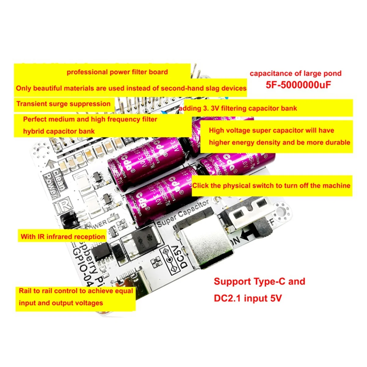 For Raspberry Pi Hifi Power Filter Farah Capacitor Moode Volumio Multi-Function Portable Convenient Filter Board