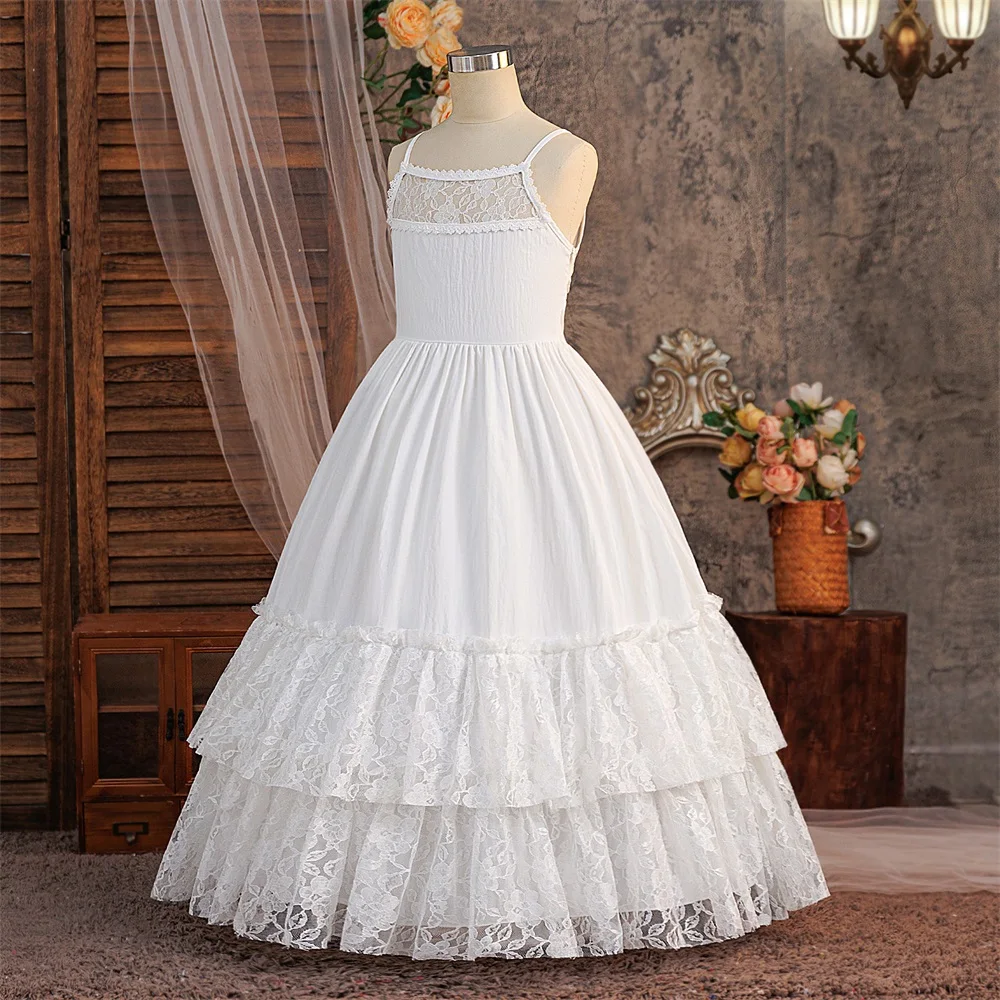 فستان أبيض بدون أكمام من الدانتيل للفتيات ملابس أطفال بدون ظهر فستان الأميرة غير الرسمي للسفر والعطلات